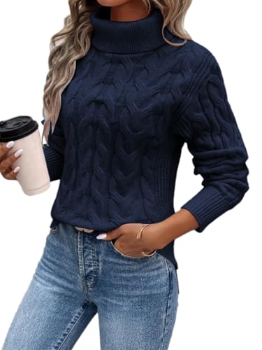 seiveini Pullover Damen Winter Rollkragenpullover Elegant Strickpullover Warm Winterpullover mit Zopfmuster Grobstrick Damenpullover Langarm A Dunkelblau XL von seiveini