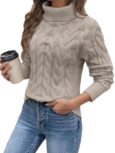 seiveini Pullover Damen Winter Rollkragenpullover mit Zopfmuster Grobstrick Strickpullover Warm Winterpullover Damenpullover A Khaki M von seiveini