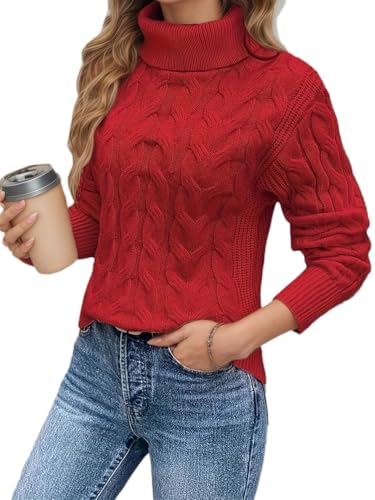 seiveini Pullover Damen Winter Rollkragenpullover mit Zopfmuster Grobstrick Strickpullover Warm Winterpullover Damenpullover A Rot XL seiveini Pullover Damen Winter Rollkragenpullover mit Zopfmuster Grobstrick Strickpullover Warm Winterpullover Damenpullover A Rot XL von seiveini