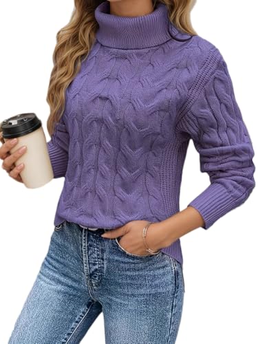 seiveini Pullover Damen Winter Rollkragenpullover mit Zopfmuster Grobstrick Strickpullover Warm Winterpullover Damenpullover A Violett S von seiveini