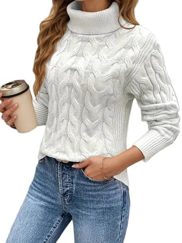 seiveini Pullover Damen Winter Rollkragenpullover mit Zopfmuster Grobstrick Strickpullover Warm Winterpullover Damenpullover A Weiß L von seiveini