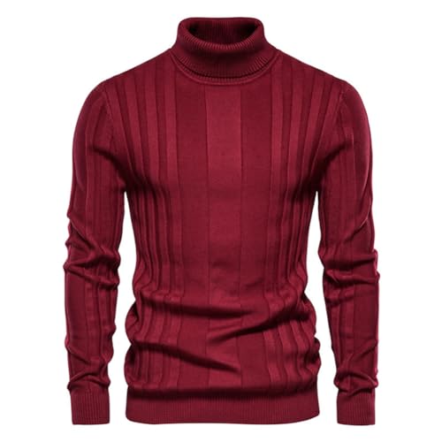 seiveini Pullover Herren Rollkragen Strickpullover Baumwolle Winter Warm Grobstrick Winterpullover Herren Rollkragenpullover Warmer Pulli Slim Fit Einfarbig Basic Sweater Men C Rot M von seiveini