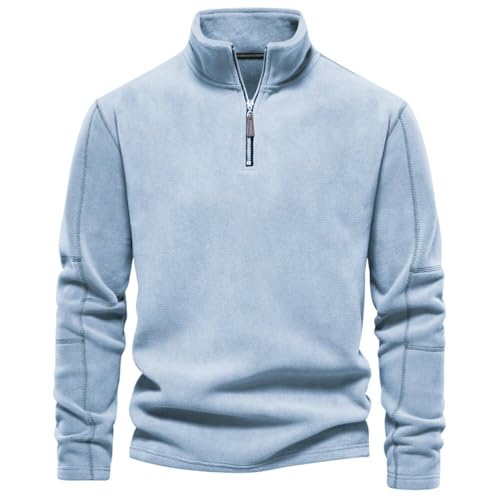 seiveini Pullover Herren Teddy Fleece Sweatshirt 1/4 Zip Fleece-Pullover mit Viertel-reißverschluss Fleecepullover Stehkragen Half Zip Herbst Winter A Hellblau S von seiveini