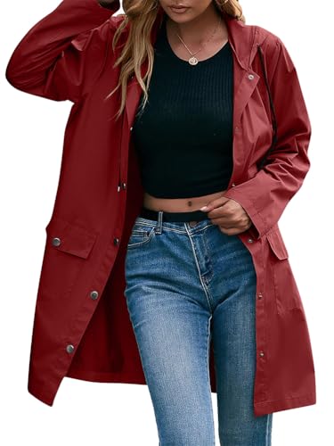 seiveini Regenjacke Damen Lang Regenmantel mit Kapuze Leichte Softshelljacke Windbreaker Jacke Dünne Übergangsjacke Outdoorjacke Windjacke A Rot L von seiveini