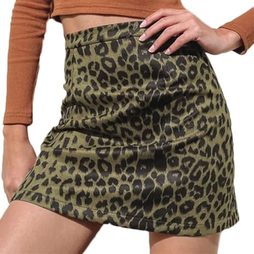 seiveini Rock Damen Elegant Cordrock Winter Kurzer Röcke mit Knopfdekor Bleistiftrock Hohe Taille Minirock A-Linie Wickelrock Skirts I Leopard Grün L von seiveini