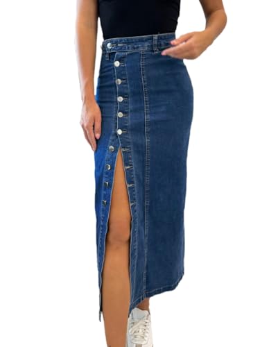 seiveini Jeansrock Damen Lang Denim Rock mit Knopfdekor Seitenschlitz Jeans Röcke Vintage Bleistiftrock Elegant Hüftenrock mit Schlitz Wickelrock A Dunkelblau L von seiveini