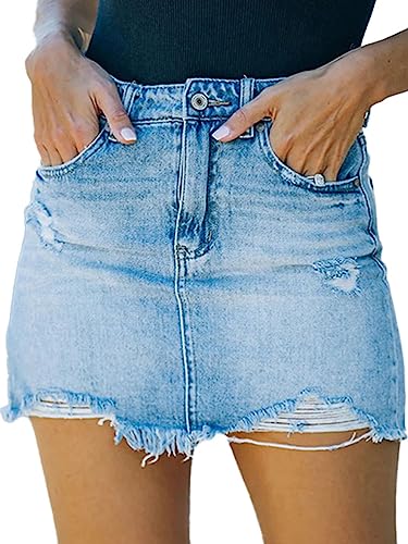 seiveini Rock Damen Jeansrock Zerrissen Freizeitrock Bleistiftrock Destroyed Denim Wickelrock mit Knöpfe Stretch Hohe Taille Röcke Slim Fit Partyrock Bodycon Sommerrock Chic Mode F M von seiveini