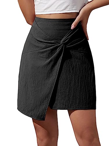 seiveini Rock Damen Kurz Leinen Sommer Röcke Slim Fit Asymmetrisch Minirock mit Reißverschluss Hüftrock Casual Business Kurzrock Partyrock Strandrock A Schwarz M von seiveini