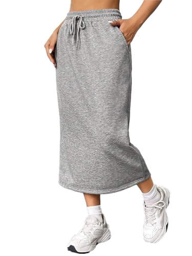seiveini Rock Damen Lang Casual Sportrock Stretch Hohe Taille Elastischer mit Kordelzug Freizeitrock mit Schlitz Bleistiftrock Langer Röcke Wickelrock Chic Einfarbig A Grau L von seiveini
