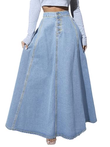seiveini Rock Damen Lang Denim Röcke A-Line Elegant Jeansrock Hohe Taille Vintage Streetwear D Hellblau XL von seiveini
