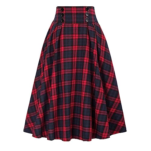 seiveini Rock Damen Lang Elegant Kariert Röcke Vintage Winterrock Ausgestellter Maxirock A Linie Flowy Faltenrock A Rot L von seiveini