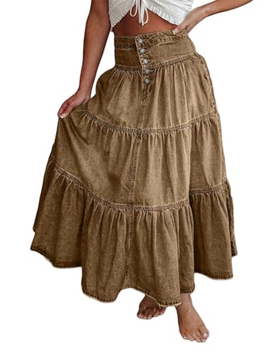 seiveini Rock Damen Lang Jeans Röcke Hohe Taille Knopfverschluss Stufenrock Volants Maxirock Elegantes Washed-Denim-Rock Retro Chic A Khaki M von seiveini