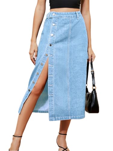 seiveini Rock Damen Lang Jeansrock mit Schlitz Vorne Jeans Röcke Knielang Hüftenrock Denim Partyrock J Hellblau XXL von seiveini