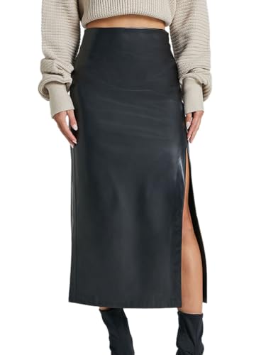 seiveini Rock Lang Damen Rockabilly PU Lederrock Wetlook Stretch Midirock Abendparty Club Pencil Skirts B Schwarz XL von seiveini