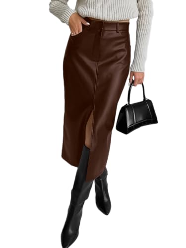 seiveini Lederrock Damen Bleistiftrock Lang Elegant PU Leder Rock mit Schlitz Rockabilly Lederoptik Röcke Midi Bodycon C Braun L von seiveini