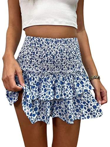 seiveini Blumenrock Damen Röcke Sommer Boho Rock mit Rüschen Kurz Plisseerock Hohe Taille Elastische Sommerrock A Linie Faltenrock Minirock A Blau XL von seiveini