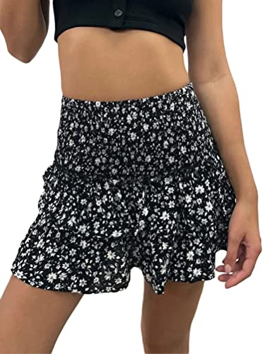 seiveini Rock Damen Sommer Kurz Faltenrock mit Blumen Rüschen Rock Plissee mit Rüschen Flowy Strandrock A-Linie Minirock Saum Tiered Röcke Plissiert Chic A Schwarz S von seiveini