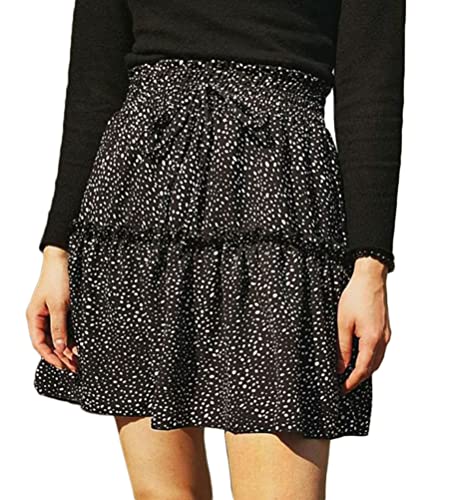 seiveini Rock Damen Sommer Kurz Rock mit Blumen Rüschen Rock Plissee mit Rüschen Flowy Strandrock A-Linie Minirock Saum Tiered Röcke Plissiert Chic D Schwarz L von seiveini