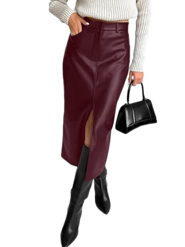 seiveini Rock Lang Damen Rockabilly PU Lederrock Wetlook Stretch Midirock Abendparty Club Pencil Skirts C Weinrot M von seiveini