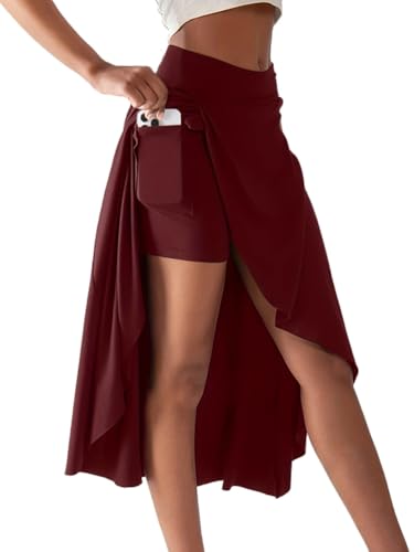 seiveini Rock mit Hose Drunter Damen Tennisröcke Lang Hosenrock Flowy Asymmetrisch Golfrock Tennis Skort Elastisch Workout Tanzen Röcke A Weinrot L von seiveini
