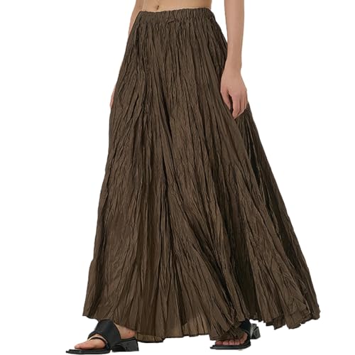 seiveini Röcke Damen Plisseerock Länge Elegant Plissee-Maxirock Elastische Taille Faltenrock Langer für Frühling Sommer Herbst Rock Lang 90cm Einfarbig Boho Sommerrock Vintage A Braun XL von seiveini
