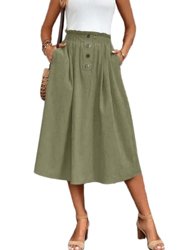 seiveini Röcke Damen Sommer Midi Rock Elegant Flowy Taille Elastischer Faltenrock mit Taschen Einfarbig A Armeegrün Einheitsgröße von seiveini