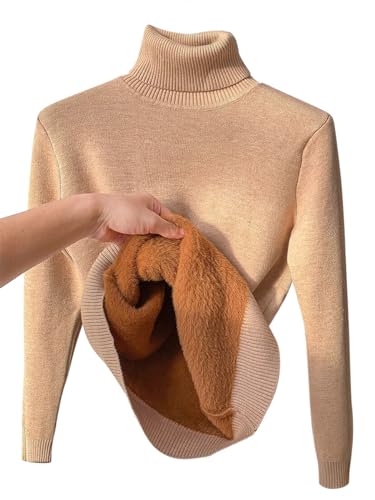 seiveini Rollkragen Strickpullover Damen mit Plüsch Gefüttert Strickpullover Damen Rollkragen Slim Fit Pulli Frauen Einfarbig Wickelpullover Damen Thermounterwäsche Weiche Base Layer A Khaki M von seiveini