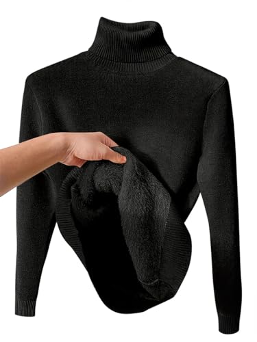 seiveini Rollkragen Strickpullover Damen mit Plüsch Gefüttert Strickpullover Damen Rollkragen Slim Fit Pulli Frauen Einfarbig Wickelpullover Damen Thermounterwäsche Weiche Base Layer A Schwarz XS von seiveini