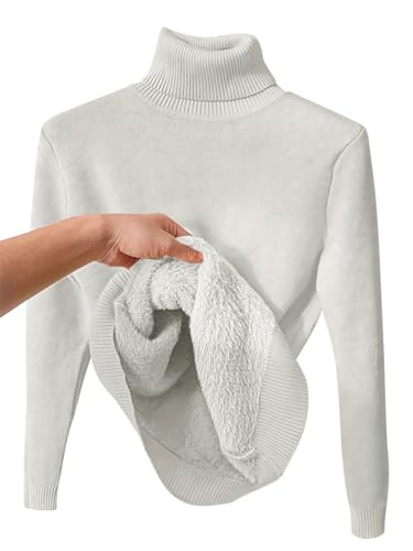 seiveini Rollkragen Strickpullover Damen mit Plüsch Gefüttert Strickpullover Damen Rollkragen Slim Fit Pulli Frauen Einfarbig Wickelpullover Damen Thermounterwäsche Weiche Base Layer A Weiß XL von seiveini