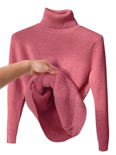 seiveini Rollkragenpullover Damen Slim Fit Strickpullover Damen Warme Plüsch Gefütterte Pulli Frauen Einfarbig Rollkragen Wickelpullover Damen Thermounterwäsche Herbst Winter Basishemd A Rose Rot L von seiveini