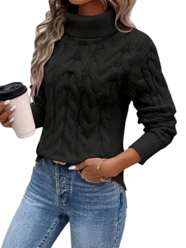 seiveini Rollkragenpullover Damen Strickpullover Langarm Grobstrickpullover mit Zopfmuster Pullover Damen Elegant Pulli Damen Winter Sweater Tops A Schwarz M von seiveini