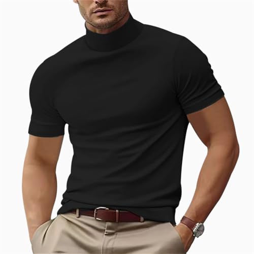 seiveini Rollkragenshirt Herren Kurzarm Sommer T-Shirt Herren Slim Fit Unterhemd mit Stehkragen Einfarbig Freizeithemden Herren Bluse Arbeit Casual Tops Oberteil Elegant A Schwarz 3XL von seiveini