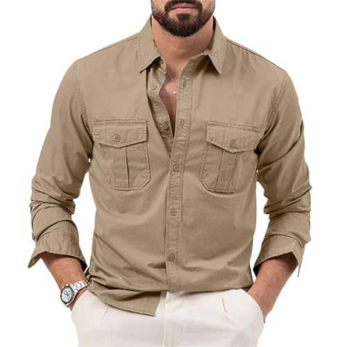 seiveini Safari Hemd Herren Langarm Vintage Outdoorhemd Cargo Hemd Langarm-Hemd für Männer Schnelltrocknend Funktionsshirt für Wandern Angeln Herrenhemd Arbeitshemd A Khaki L von seiveini