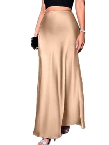 seiveini Satin Rock Damen Lang Elegant Sommer Maxirock Plissee Sommerrock Hohe Taille Röcke Flowy A Aprikose L von seiveini