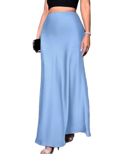 seiveini Satin Rock Damen Lang Elegant Sommer Maxirock Plissee Sommerrock Hohe Taille Röcke Flowy A Himmelblau XS von seiveini