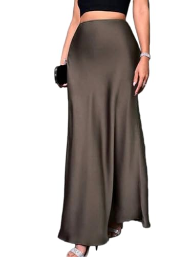 seiveini Satin Rock Damen Lang Elegant Sommer Maxirock Plissee Sommerrock Hohe Taille Röcke Flowy A Kaffee S von seiveini