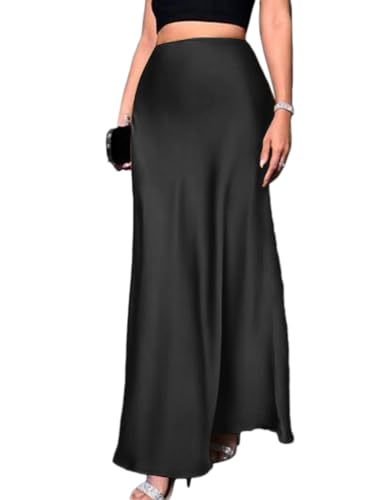 seiveini Satin Rock Damen Lang Elegant Sommer Maxirock Plissee Sommerrock Hohe Taille Röcke Flowy A Schwarz M von seiveini