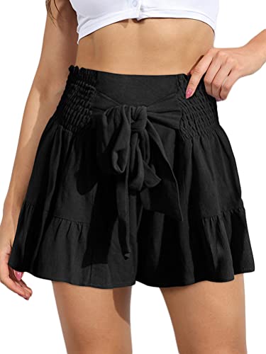 seiveini Shorts Damen Sommer Elastisch High Waist Kurze Hosen Causal Rüschen Strandshorts mit Gürtel Einfarbig Freizeit Shorts Falten Shorts mit Tasche Casual Chic A Schwarz XL von seiveini