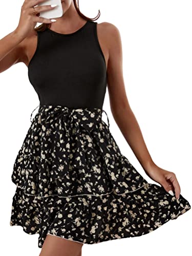 seiveini Sommerkleid Damen Kurz Casual 2 in 1 Kleid Tunika Kleid A-Linie Blumenkleid Chic et Elegant Freizeitkleid Skaterkleid Partykleid Midikleid Hohe Taille C Schwarz M von seiveini