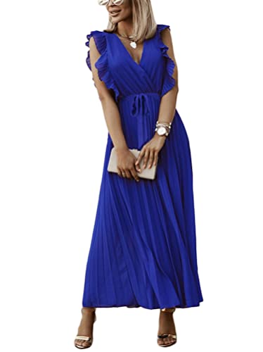seiveini Sommerkleid Damen Lang Chiffon Kleid mit Rüschen Ärmellose Boho Kleider Plissee Elegant Freizeitkleid High Waist Schlank Vintage Maxikleid Strandkleid A Dunkelblau S von seiveini