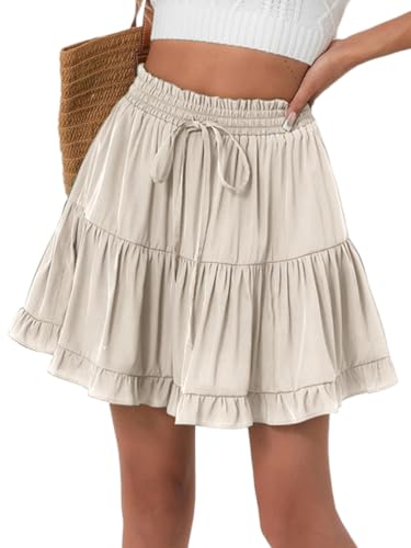 seiveini Sommerrock Damen Kurz Rock mit Rüschen Taille Elastisch Minirock Sommer Stufenrock A Linie Röcke Flowy Einfarbig A Beige M von seiveini