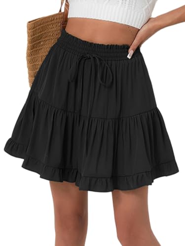 seiveini Sommerrock Damen Kurz Rock mit Rüschen Taille Elastisch Minirock Sommer Stufenrock A Linie Röcke Flowy Einfarbig A Schwarz M von seiveini