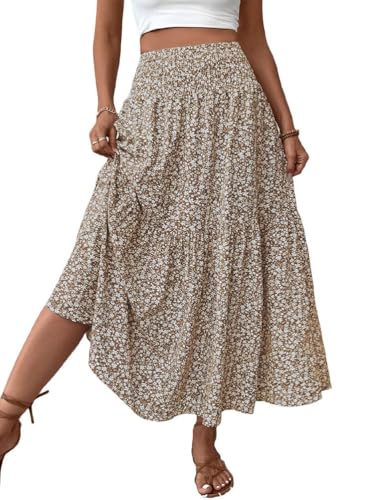 seiveini Sommerrock Damen Lang Taille Elastischer Blumenrock Casual Maxi Rock A-Linien Blumen Boho Strandrock Langer Blumendruck Partyrock A Khaki L von seiveini