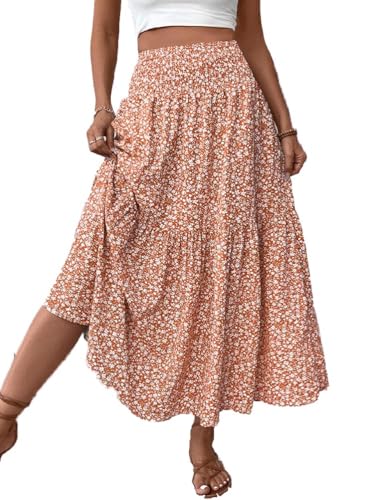 seiveini Sommerrock Damen Lang Taille Elastischer Blumenrock Casual Maxi Rock A-Linien Blumen Boho Strandrock Langer Blumendruck Partyrock A Orange L von seiveini