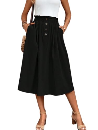 seiveini Sommerrock Damen Langer Rock A-Linie Plissee Taille Elastischer Midirock Knopfdekoration Vintage A Schwarz Einheitsgröße von seiveini