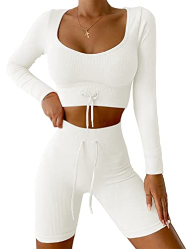 seiveini Sport Set Damen Crop Tops + Shorts High Waist Zweiteiler Workout Yoga Gym Outfit Damen Langarmshirt Sport Laufshirt Sportoberteil Langarm Trainingsanzug Baselayer A Weiß L von seiveini