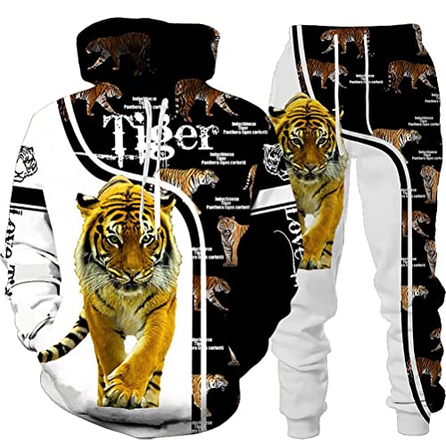 seiveini Sportanzug Herren 3D Gedruckter 2 Teiliges Jogginganzug Trainingsanzüge mit Löwendruck Tigermuster Hoodie + Hose Lang Workout Outfit Sport Set Freizeitanzug B1 L von seiveini