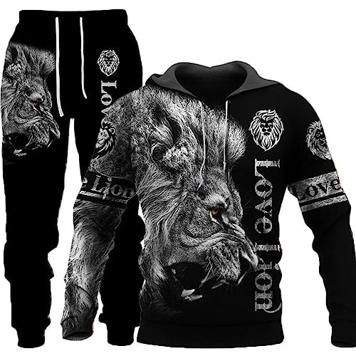 seiveini Sportanzug Herren 3D Gedruckter 2 Teiliges Jogginganzug Trainingsanzüge mit Löwendruck Tigermuster Hoodie + Hose Lang Workout Outfit Sport Set Freizeitanzug B13 4XL von seiveini