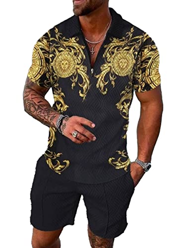 seiveini Sportanzug Herren Kurzarm Sommer Freizeitanzug Druck Poloshirts mit Shorts Workout Set Casual D9 M von seiveini