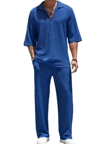 seiveini Sportanzug Herren Polo Shirt Kurzarm und Lang Hosen Fitnessanzug Workout Set Männer 2 Teiliges Sommer Leicht Atmungsaktiv Streetwear A Dunkelblau XXL von seiveini